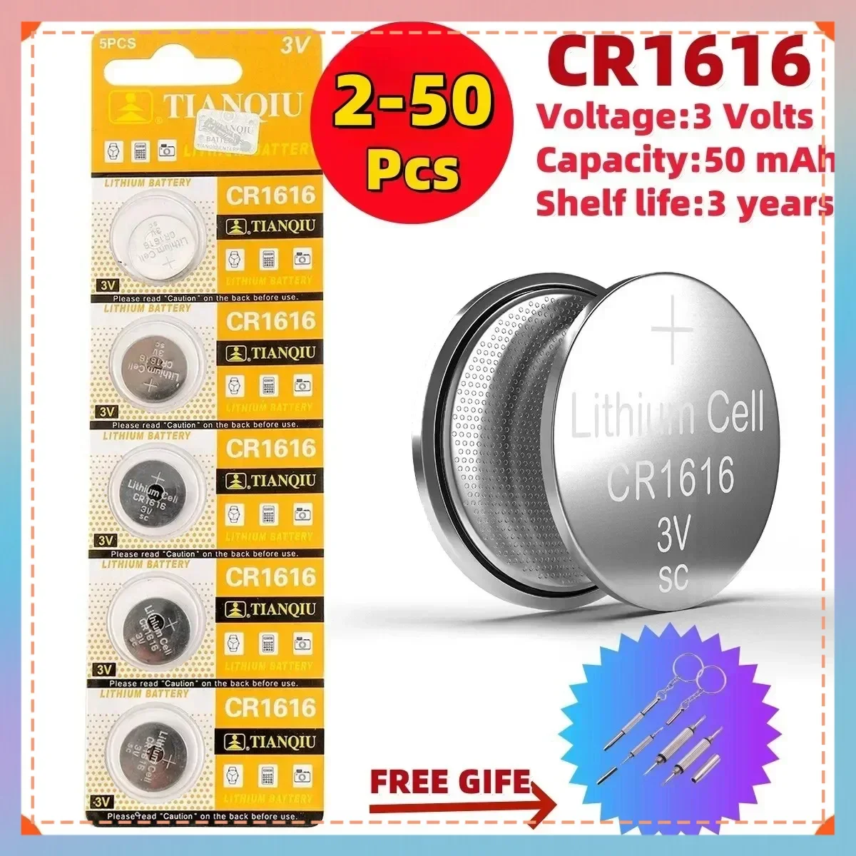 2-50PCS TIANQIU 3V 50mAh CR1616 Coin Cells Battery CR 1616 DL1616 BR1616 5021LC LM1616 Lithium Battery For Watch Remote Control