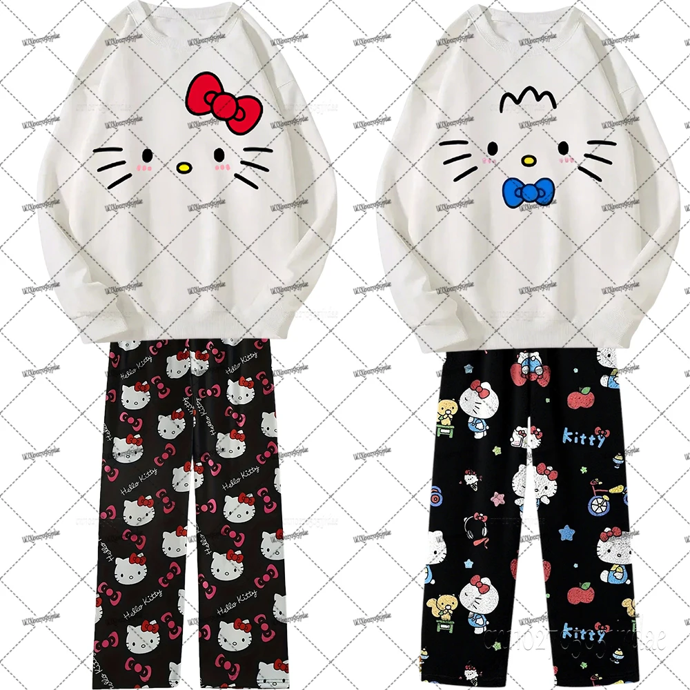 

Sanrio Hello Kitty, осенне-зимние новые хлопковые толстовки с пижамными штанами, комплекты больших размеров для женщин, одежда для пар