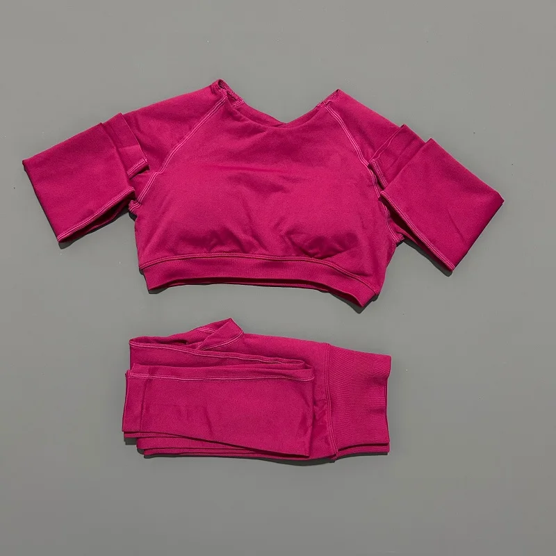 2 قطعة بدلة يوجا الصالة الرياضية مجموعة النساء التجفيف السريع اللياقة البدنية مجموعة الإناث رياضية الجري تجريب طويلة الأكمام ملابس رياضية