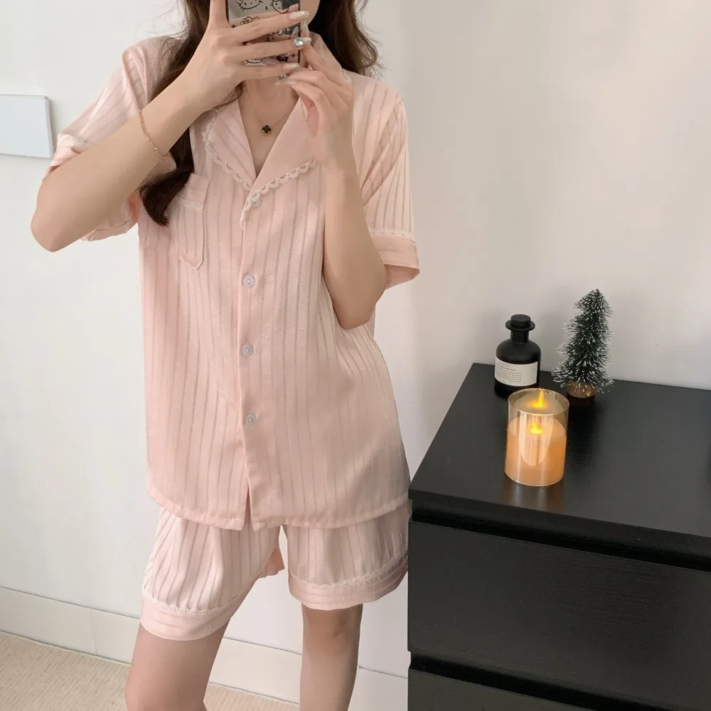 

Striped Women's Pajamas with Pants Short Sleeve Two-Piece Ladies Set Summer Pyjamas Femmes Lady Nightie Home Wear Sleepwear