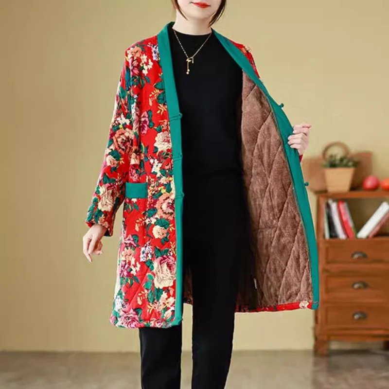 Oversized Chinese Style Women Floral Long Cardigan Coat 2024 New Autumn Winter Plus Velvet Jackets Vintage Thick Warm Parkas