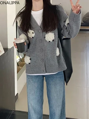 Onalippa Kawaii Cartoon Contrast Casual Knitted Cardigan V Neck Single Breasted Loose Cardigans Korean Chic Design Sweaters