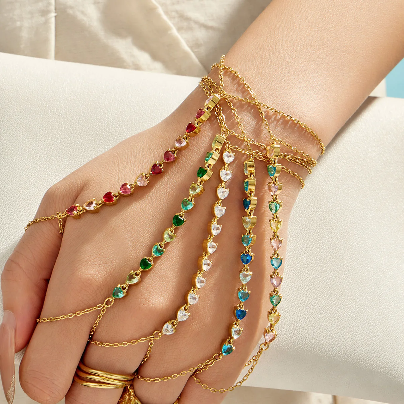 Bunte Zirkon-Handketten-Armbänder für Frauen Edelstahl-Handketten-Armband 18k Vergoldete Armbänder Luxus-Schmuckgeschenk – Detail 2