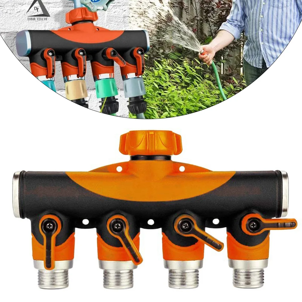 34 Inch 4 Way Brass Garden Hose Splitter for Outdoor Tap with Plastic Components and Independent Water Flow Control