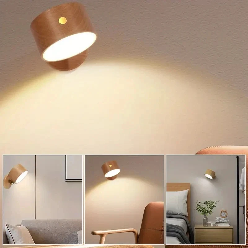 Adjustable Walnut Wood LED Wall Sconce with Brass Accent for Bedroom Bedside Living Room Hallway Lighting
