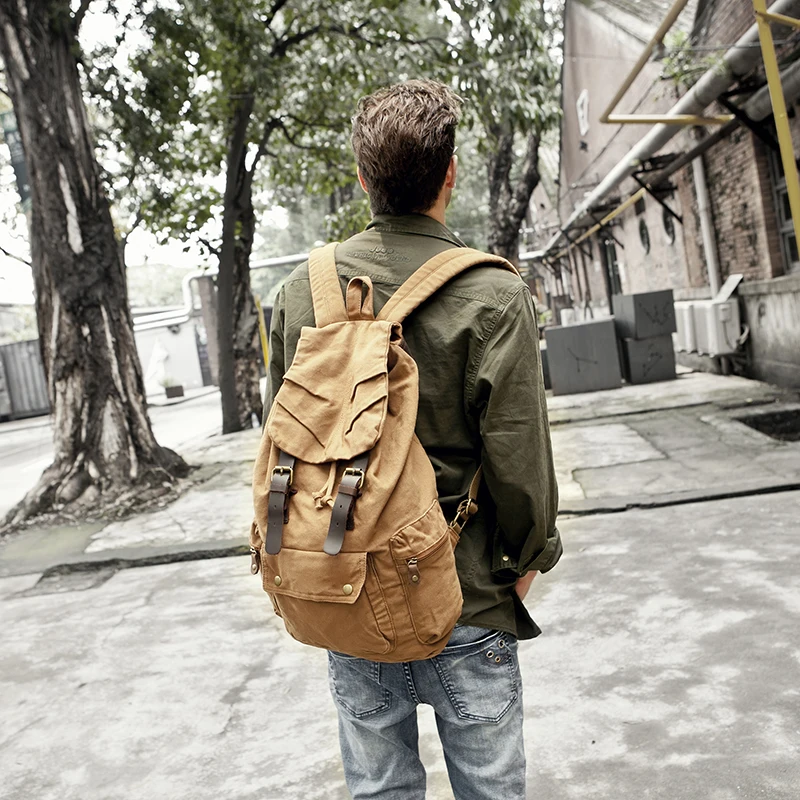 Canvas Vintage Backpack Crazy Horse Leather Trim Casual Bookbag Travel Rucksack Mens Large Canvas Drawstring Backpack