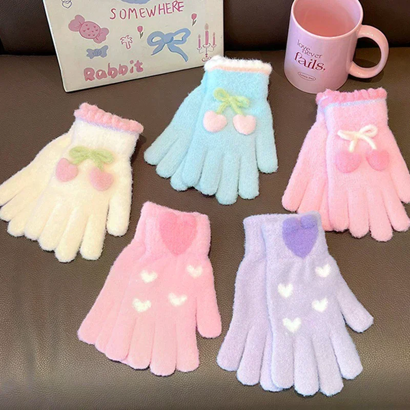 6-12 Years Korean Sweet Cherry Love Children Warm Full Finger Gloves Winter Windproof Thicken Boys Girls Kid Cycling Mittens
