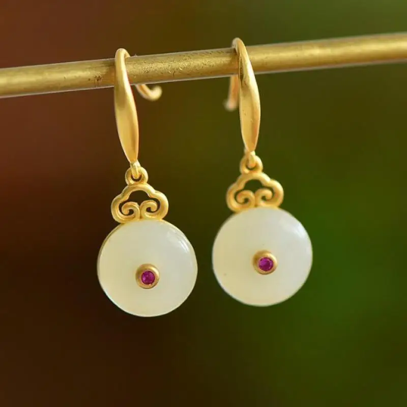 Genuine China Nephrite Stone White Hetian Jade Donut Drop Earrings 925 Silver Certified Jewelry Women Girlfriend Elegant Gift