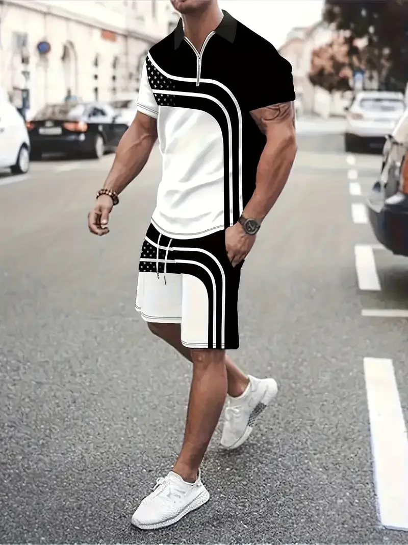 Ethnic Pattern Print 2-piece Men's Summer Outfit Set Short Sleeve Quarter Zip Golf Shirt & Waist Drawstring Shorts With Pockets