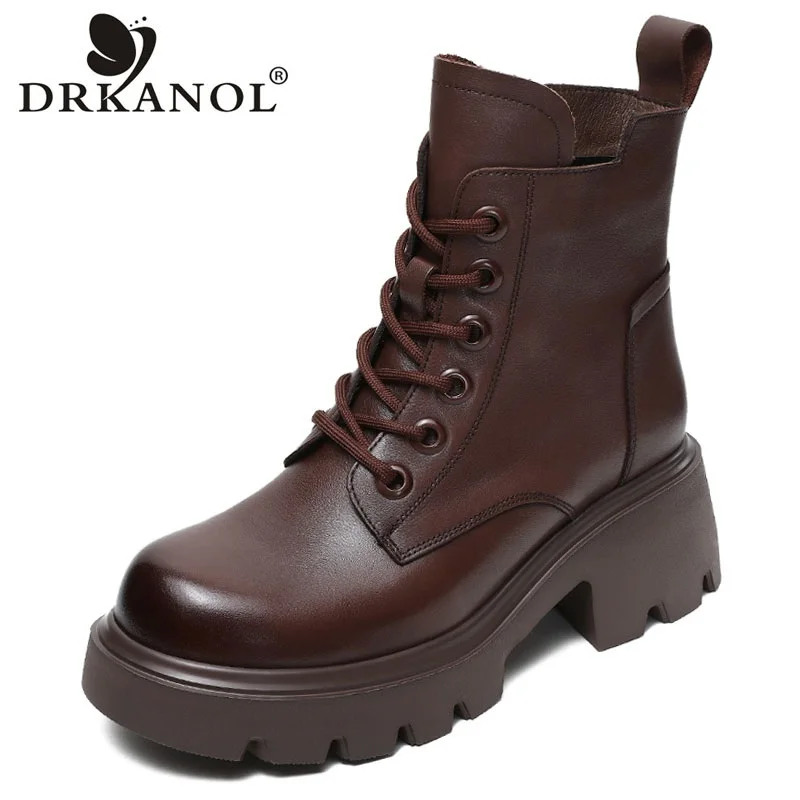 DRKANOL 2024 Fashion Women Thick High Heel Boots British Style Chunky Platform Genuine Leather Wide Toe Retro Warm Ankle Boots