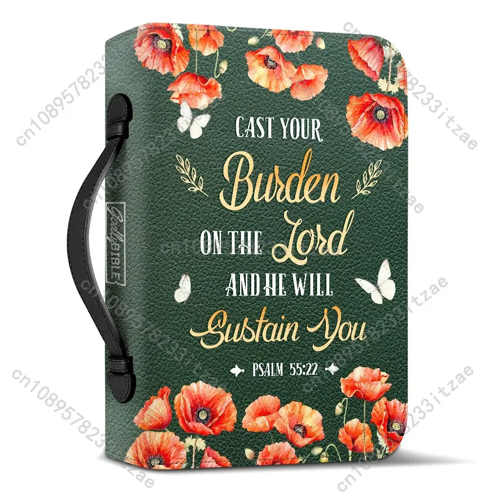 Cast Your Burden On The Lord And He Will Sustain You Print Bible Carrying Bag for Women PU Leather Christian Storage Case Cover