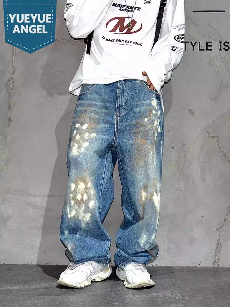 Pantaloni in denim da uomo hip-hop con stampa graffiti dal design retrò vestibilità ampia Harajuku streetwear pantaloni dritti casual jeans da uomo a gamba larga