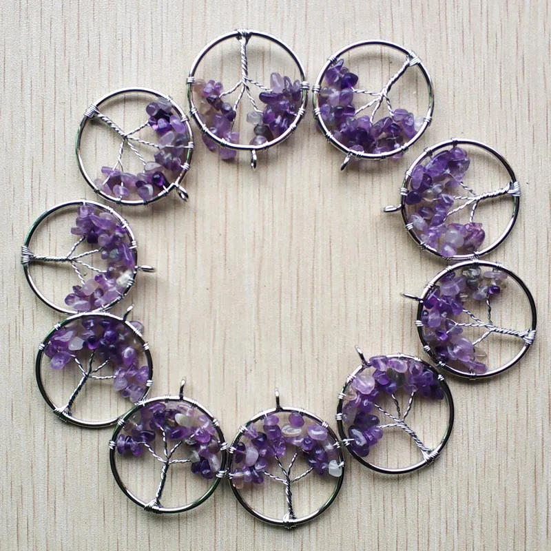 Natural Amethysts roses quartz stone handmade wire wrapped tree of life pendants 30mm for jewelry marking Wholesale 12pcs/lot