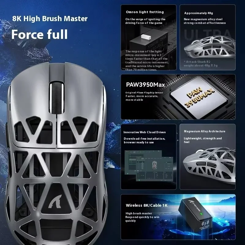 ماوس مجوف من سبائك المغنيسيوم اللاسلكي Attack Shark R2 8KHZ مع مستشعر PAW3950 30000 ديسيبل متوحد الخواص 1000 هرتز ملحقات ماوس الألعاب السلكي #5