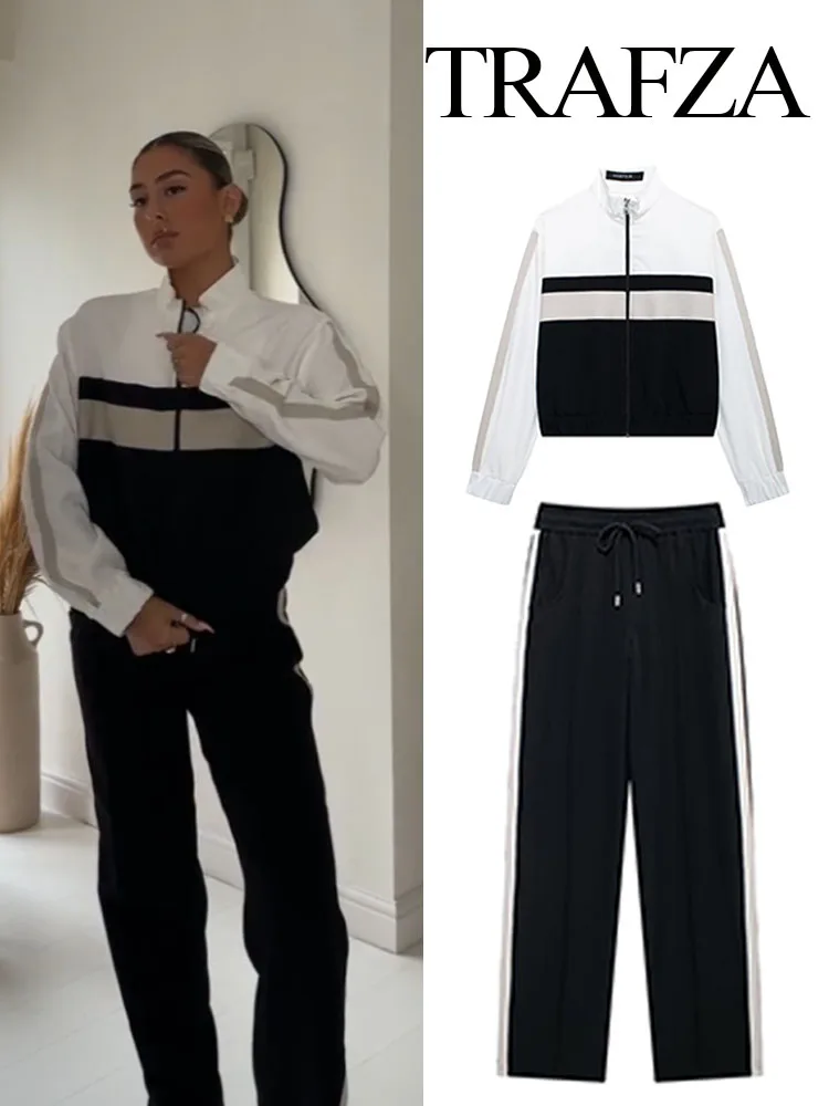 TRAFZA Autumn Fashion Women Suit Lapel Long Sleeves Zipper Jackets+Elastic Waist Wide Leg Long Pant Female Street Pants Sets