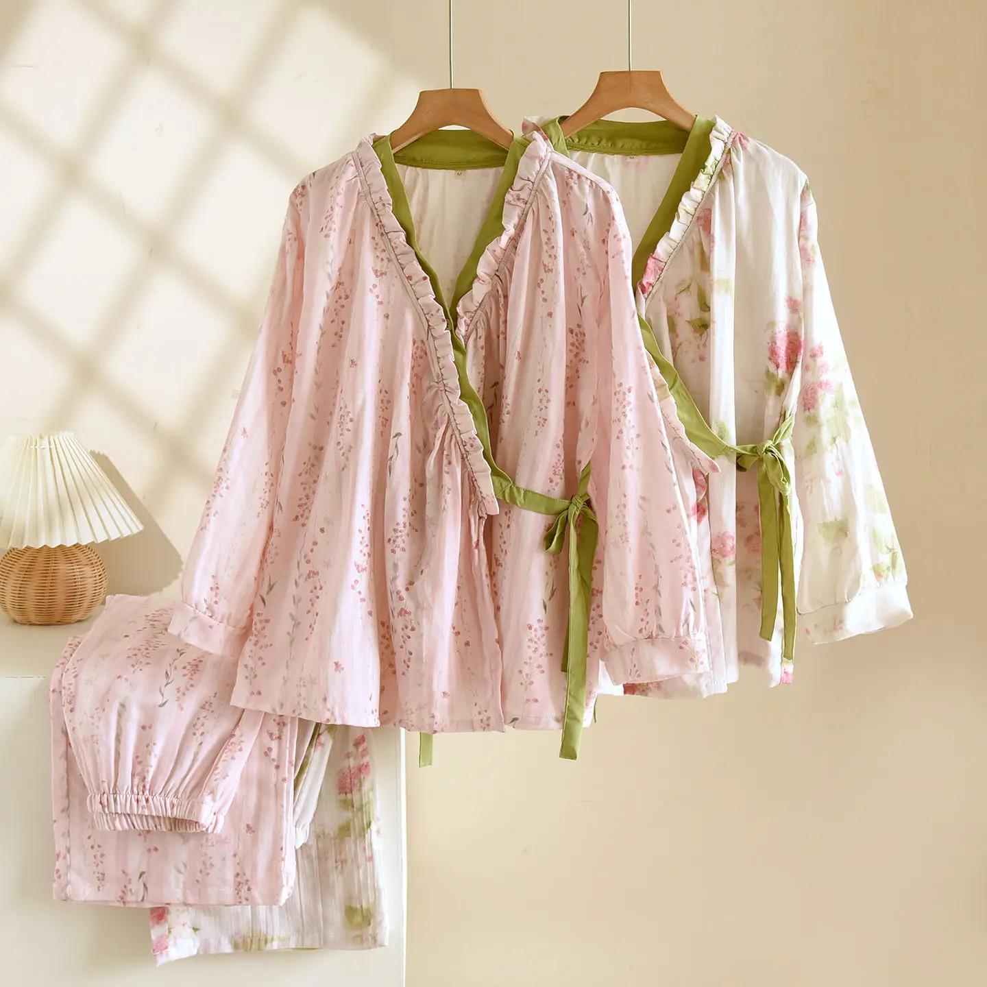 

Kimono Robes Set for Spring and Autumn Sleepwear Clothes Women's 2025 Home Clothes Cardigan Long Sleeved Loose Pajamas