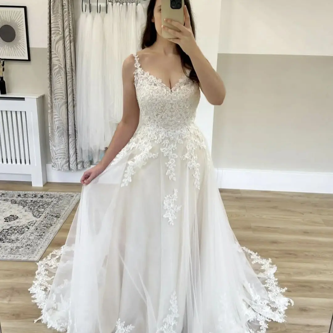 Princess Spaghetti Strap Lace Appliques Wedding Dress Court Train Customize To Measures Bridal Gowns For Women Elegant Robe Mari