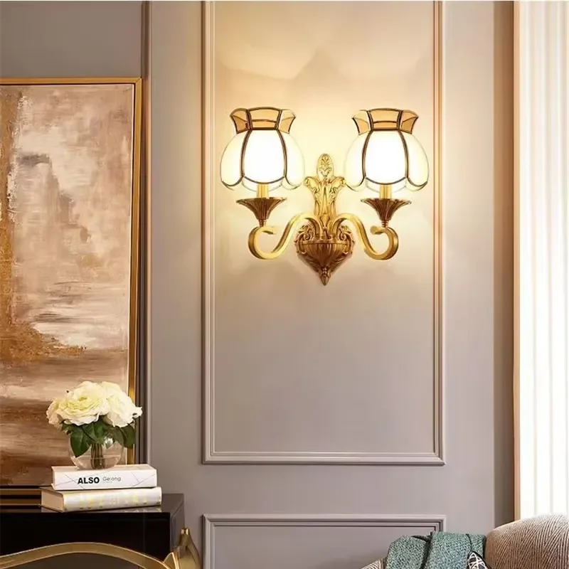 American Retro Brass Wall Lamp Contemporary LED Wall Sconce for Living Room Bedroom Hotel Villa Hallway and Aisle