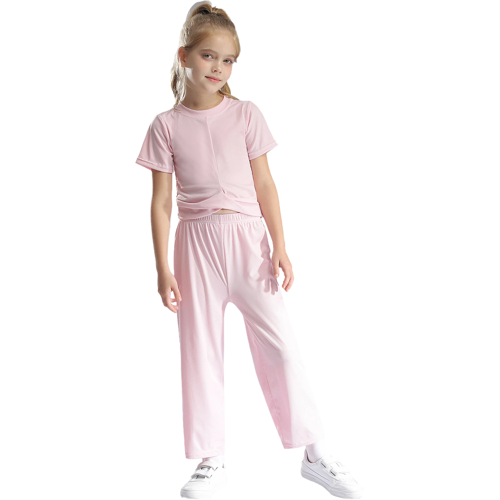 

Kids Girls Clothes 2 Pieces Tracksuit Summer Fashion Ribbed Short Sleeve Irregular Hem T-shirt+Loose Pants Children's Sports Set