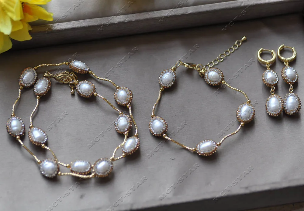 Z12926 Set 15mm White Rice Golden CZ Pearl Necklace Bracelet Earring view 3