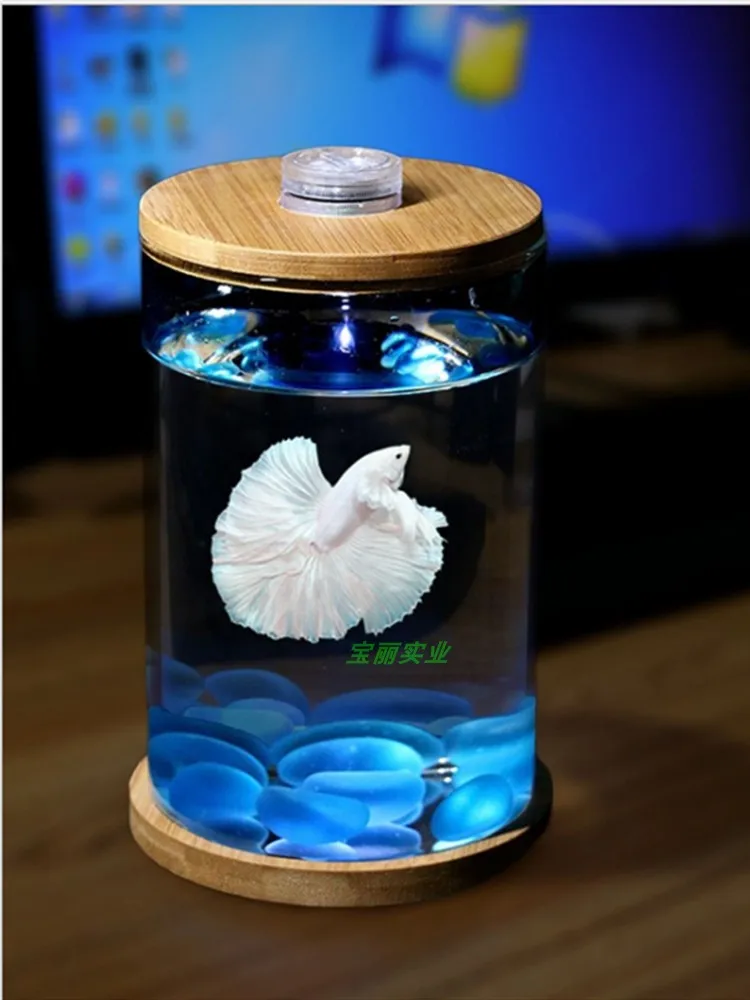 Round Micro Landscape Bottle Desktop Creativity Rotating Betta Tank Small Transparent Jellyfish Cylinder Light