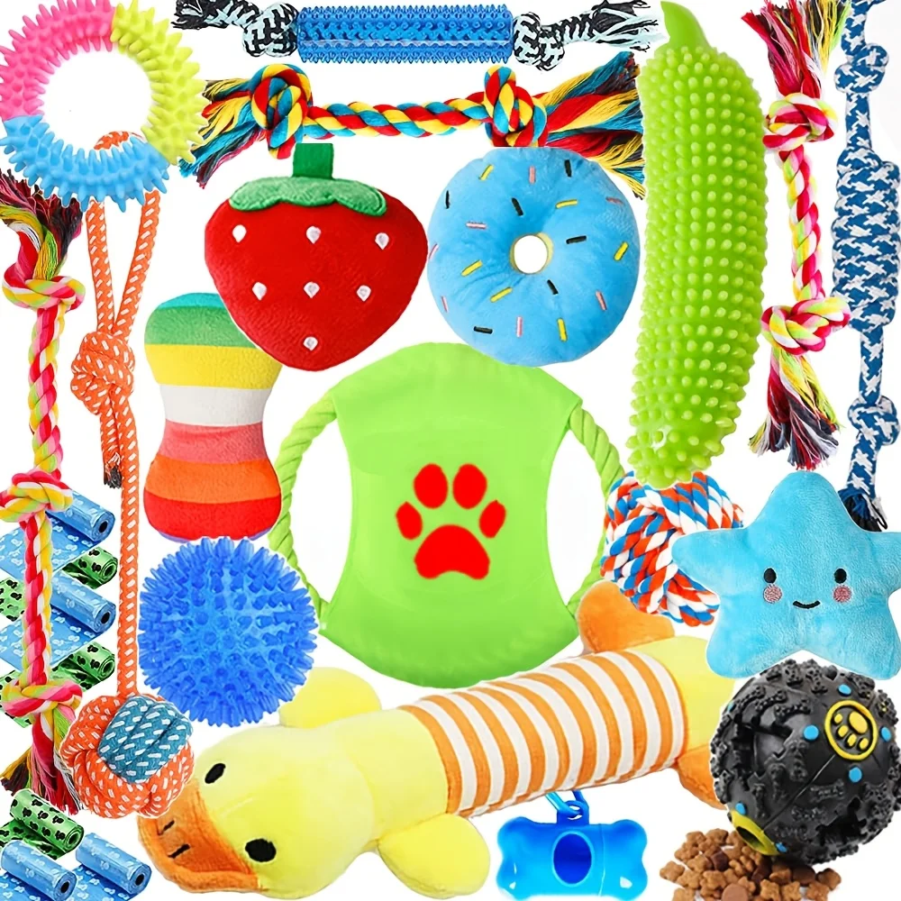 

25pcs Set Of Dog Toys, Chew Toys For Dogs, Used For Cleaning And Teeth Cleaning, Sound Toys For Dogs, Therapeutic Dispenser Balls, Tug Of War Toys, Teething Toys For Dogs, Dog Rope Toy Set, Suitable For Dogs To Dogs