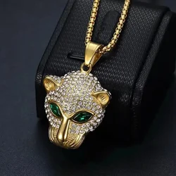 Iced Out Green Eyed Panther Head Pendant AAA Cubic Zircon Animal Necklace Men's Cool Hip Hop Rock Trend Jewelry