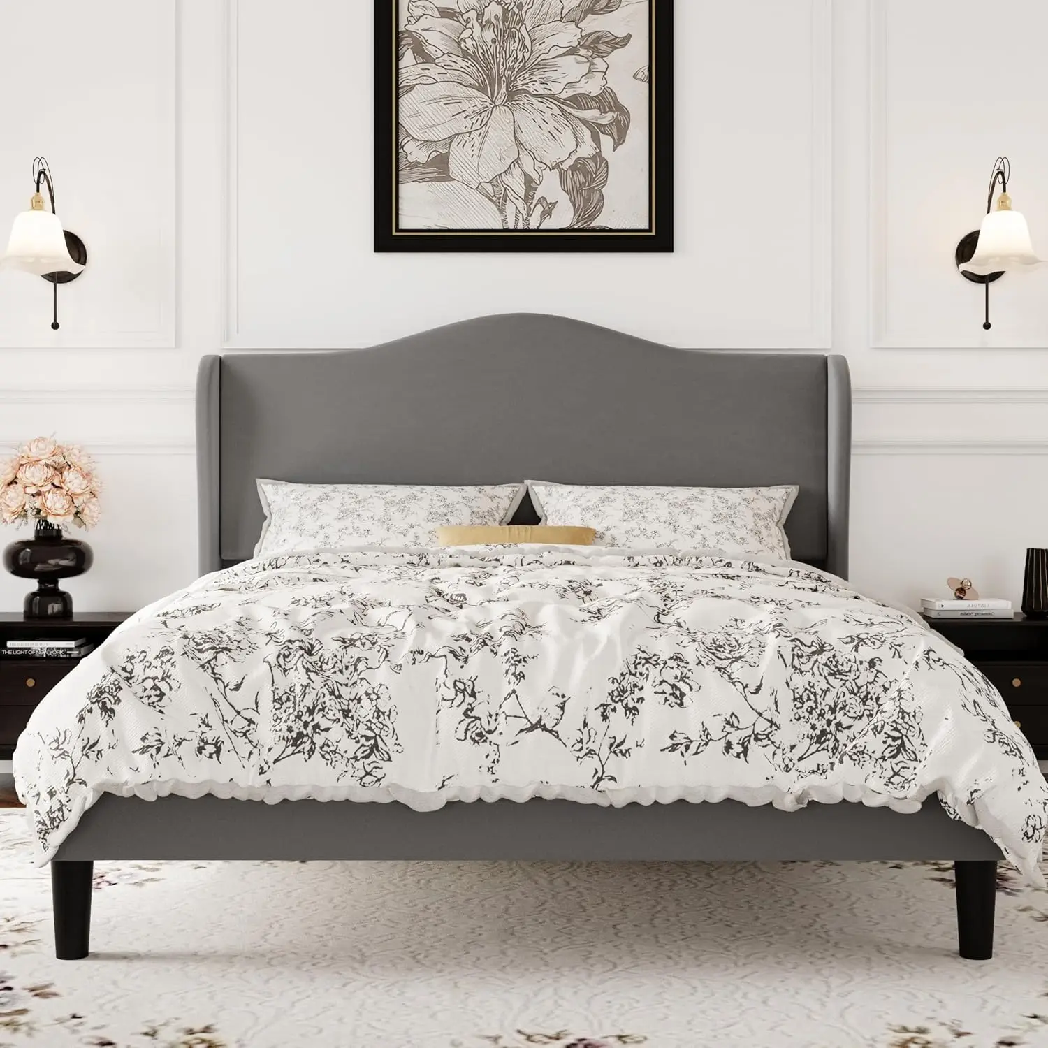 Curved Wingback Upholstered Queen Bed Frame Soft Grey Platform with Wood Slats Support No Box Spring Needed, Customized