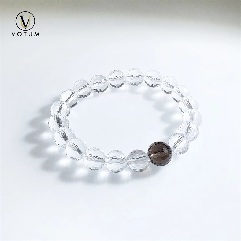 Votum Natural Faceted White Crystal Smoky Quartz Bracelet for Women Lady Protection Luck Bracelets Girl Yoga Gift Beaded Jewelry
