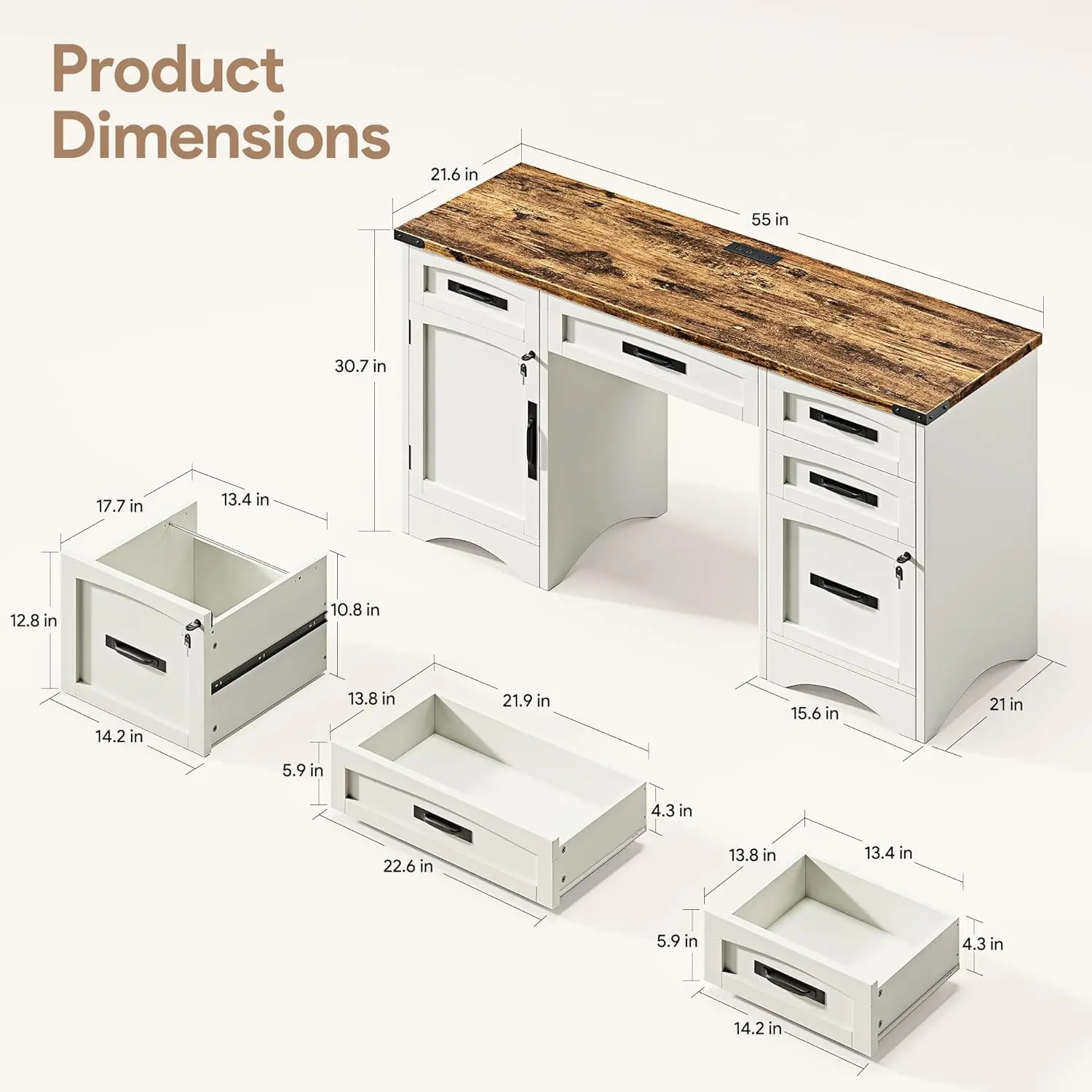 [New Arrival!]Farmhouse Executive Desk with Drawers, 55" Home Office Desks with Fast Charging Station, Lockable File Cabinet, Wo