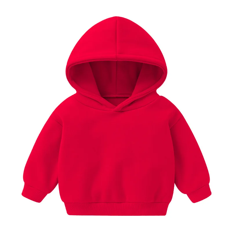 Cartoon Print Red Solid Hooded Sweater Kid Soft Clothing Fall Winter Boy Girl Long-sleeved Tops Children Pullover New Sweatshirt