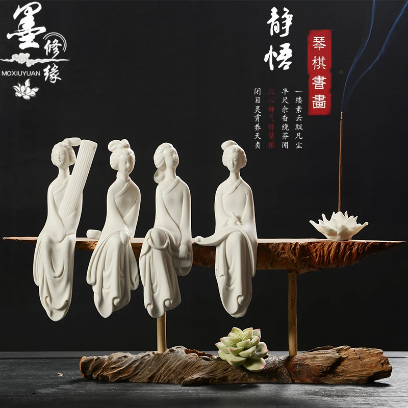 WOW -LARGE # home office  High-grade Refined art Eastern Classical beauty Dehua ceramics pottery Carving art wooden statue  gift