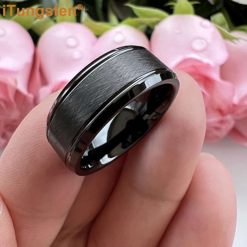 iTungsten 8mm Black Tungsten Carbide Ring for Men Women Trendy Engagement Wedding Band Beveled Edges Brushed Finish Comfort Fit