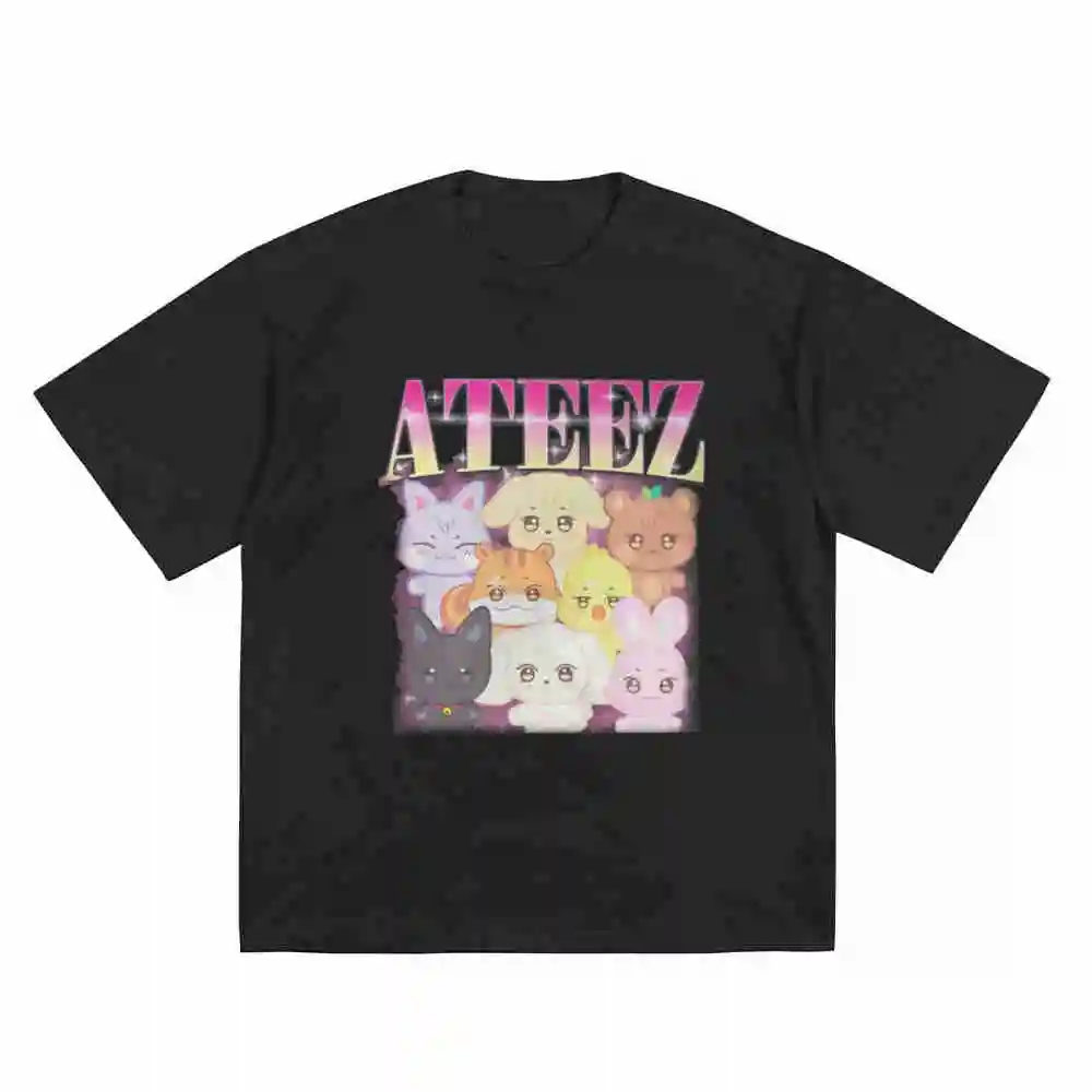 ATEEZ Official Fan Cute Anime Group Neon Accents K-Pop Short Sleeve Tee 100% Cotton T-Shirt