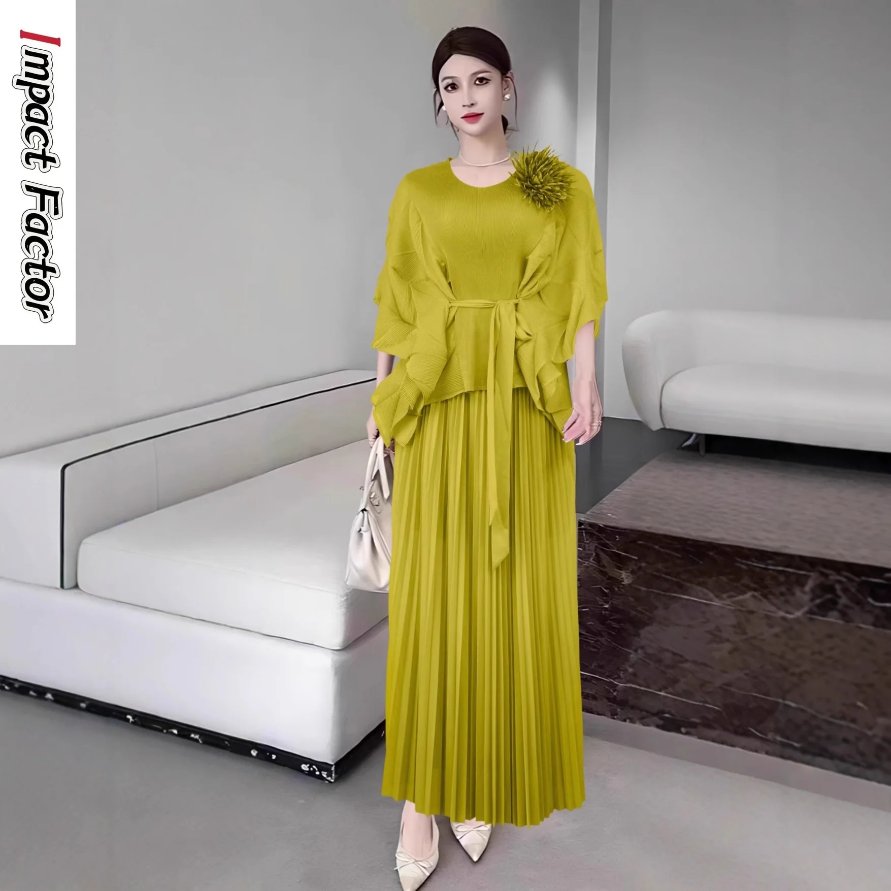 

Miyake 2025, новый модный свободный однотонный женский комплект из двух предметов, элегантный топ с рукавами «летучая мышь», плиссированная юбка, комплект