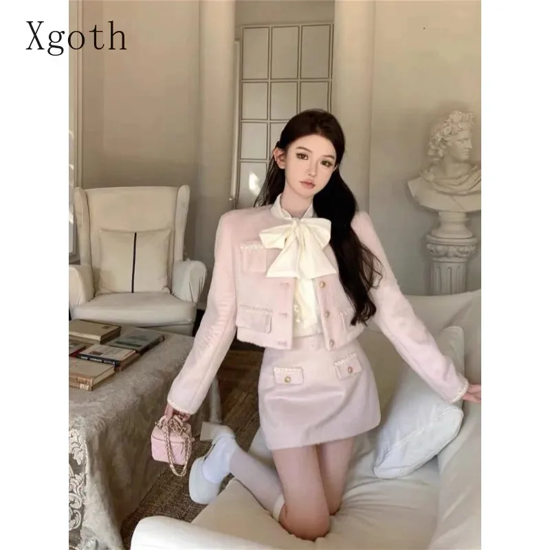 Xgoth Pink Women's Skirt Set Long Sleeve Short Tweed Jacket Tops Small Fragrance Hip Wrap Mini Skirts Hot Girls Three-piece Sets