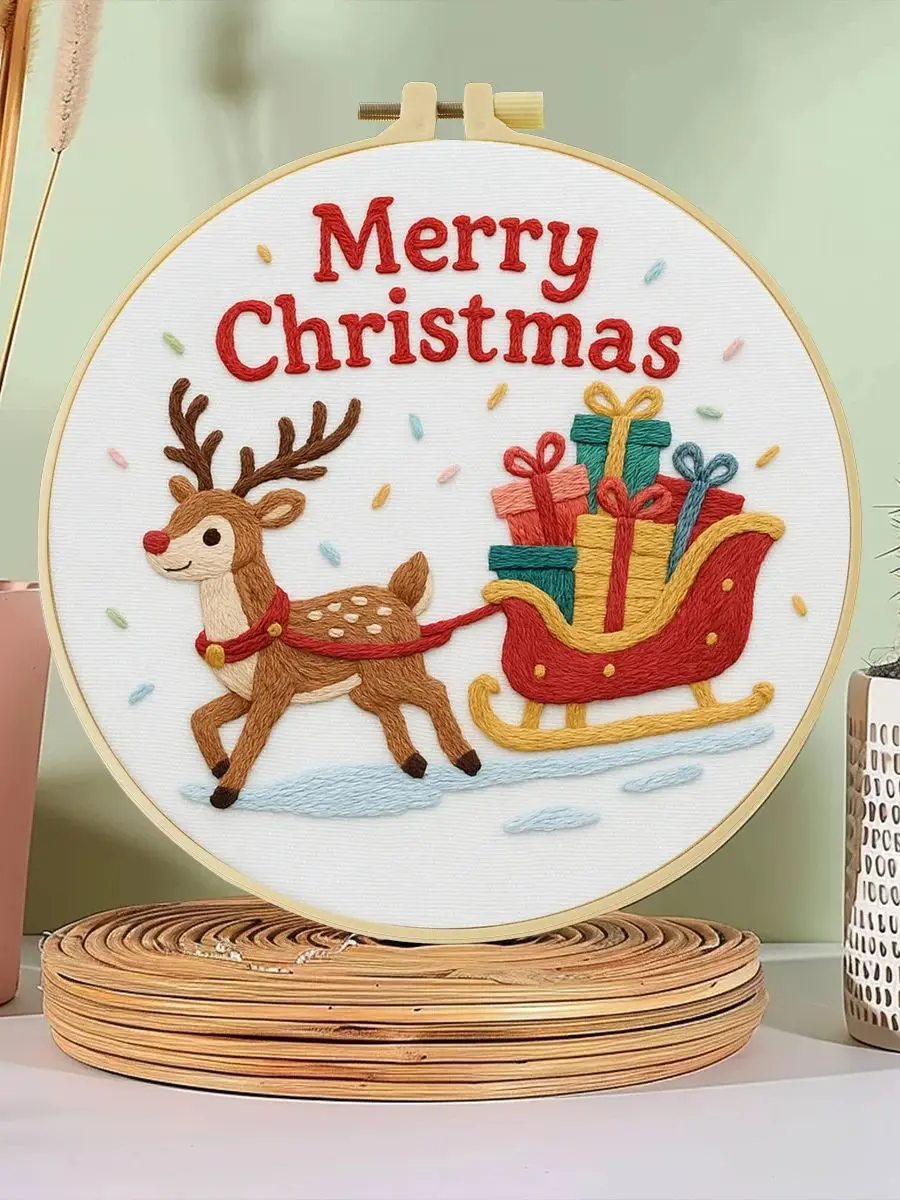 1 Stück 20X20CM/7,87 Zoll Ein Rentier, das Geschenke zu Weihnachten trägt, Stickerei-Starter-Kit DIY-Set für Anfänger Nadelkunst – Detail 3
