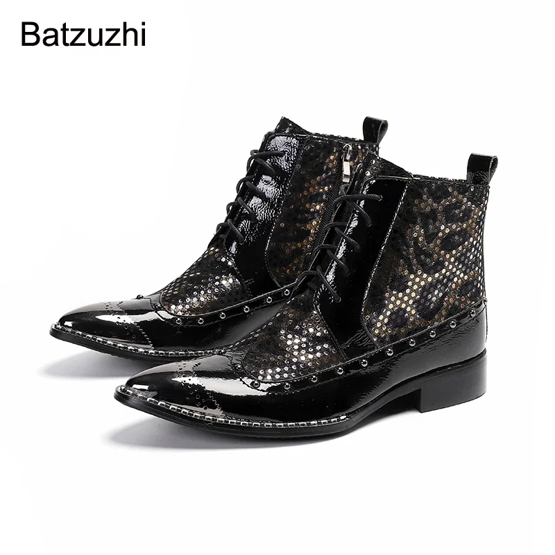 

Batzuzhi British Type Men Boots Shoes Handsome Pointed Metal Toe Black Leather Ankle Boots Lace-up Motorcycle/Party Shoes, 38-46