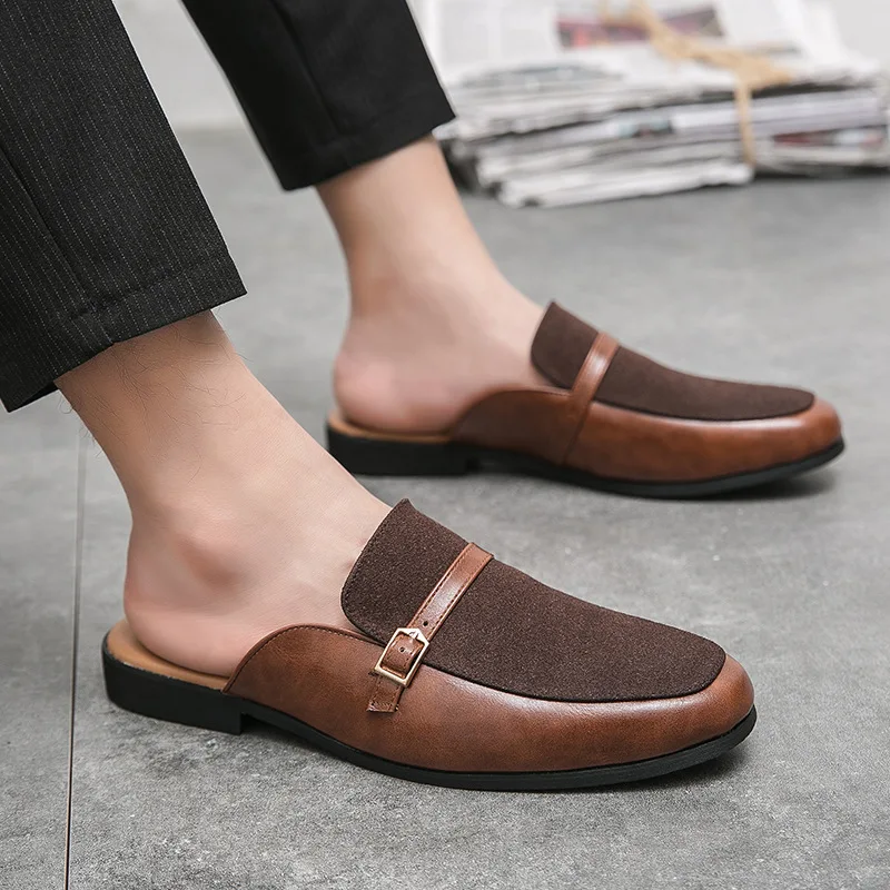 Fashion Business Leather Shoes British Style Half Slippers Large Breathable Slippers Men Slippers Men Shoes Men Sandals