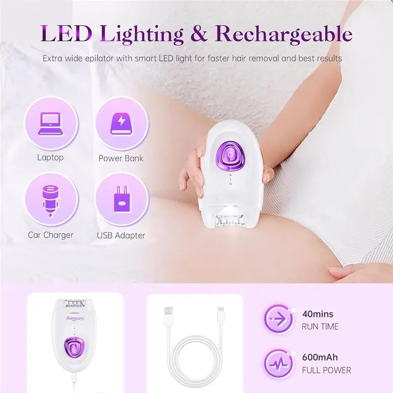 A21F-Epilator For Women, Cordless Facial Hair Removal With Shaver & Trimmer, 2 Speeds & 36 Tweezers For Face, Legs & More