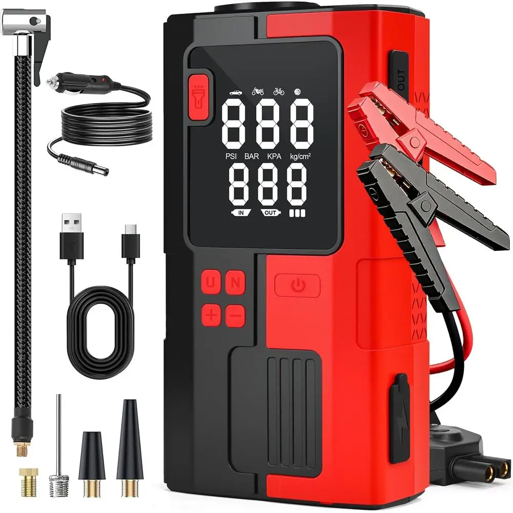 

Portable 5000A Jump Starter with Air Compressor, 16.8V Jump Box, LED Light, Tire Inflator, Jumper Cables