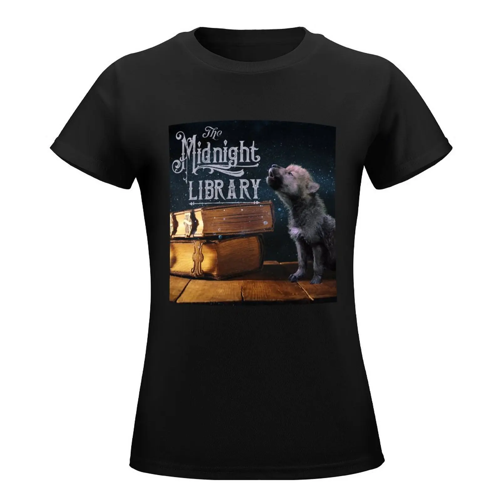 Original Midnight Library Wolf Pup & Books (OUR IMAGE) T-Shirt quick-drying plain Summer Women's clothing