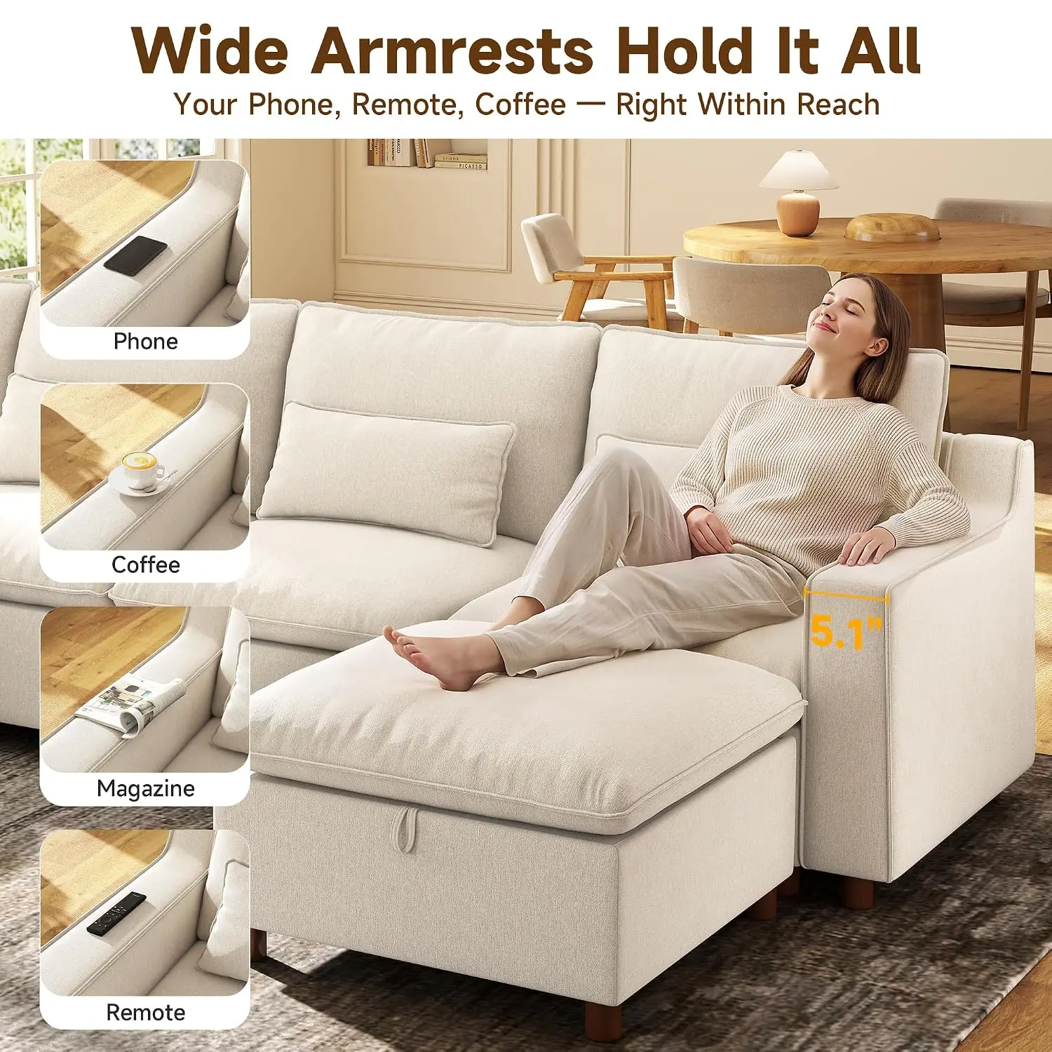134" Modular Sectional Sofa, V Shaped 5 Seater Chenille Cloud Couch with Deep Seat and Seamless Backrest, Couches
