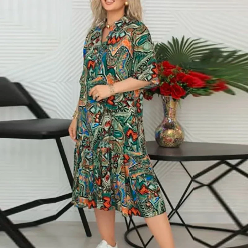 プラスサイズワンピース 夏 カジュアル Vネック 半袖 ゆったり ビーチ ホリデー レディース ゆったり パーティー ミディ丈ワンピース ボヘミアン