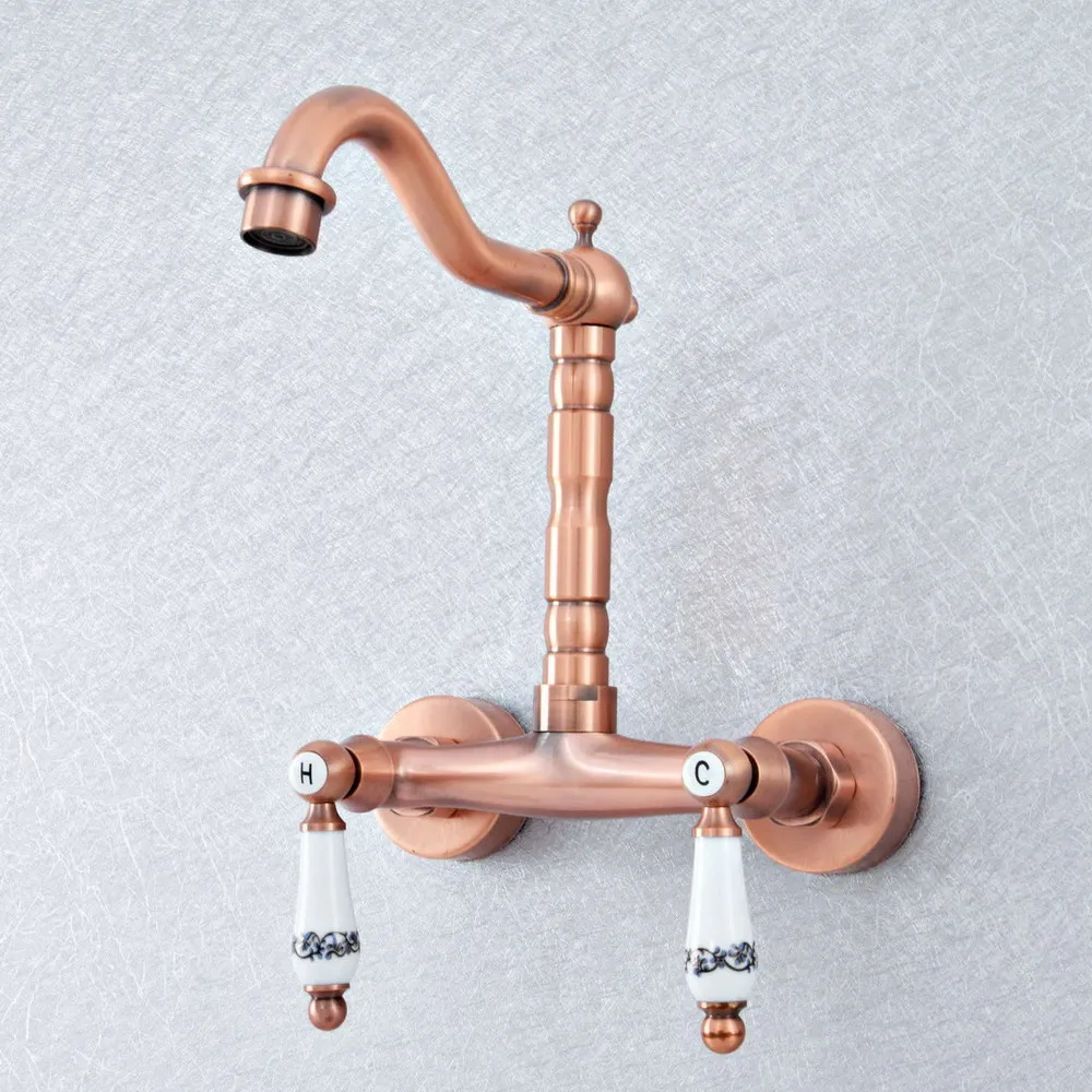 

Antique Red Copper Brass Two Ceramic Handles Wall Mounted Kitchen Bathroom Swivel Spout Faucet Mixer Tap asf905