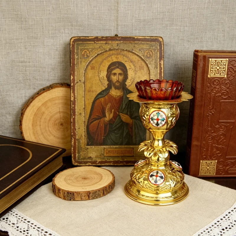Enamel Cross Gold Plated Orthodox Candle Stand Carved Votive Lamp Holder Church Chapel Religious Worship Liturgical Decor Gift