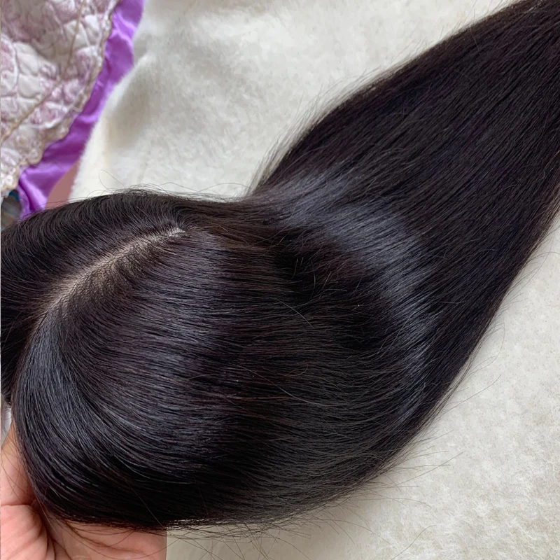 Toupee de seda completa para mulheres, cabelo humano reto, 5 clipes, pedaços de cabelo humano virgem, substituição de cabelo castanho, 9x14