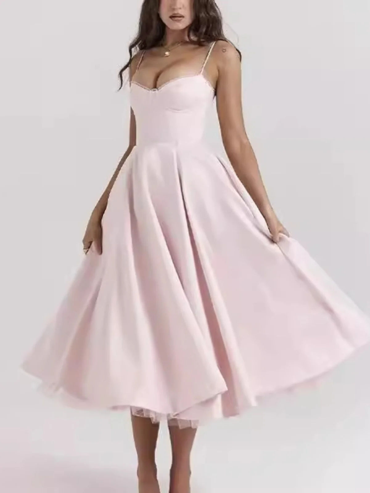 Vestido Sexy Slim de Renda com Alças Duplas Camadas Fresco e Doce Cintura Alta em Poliéster Longo Sem Mangas para Verão e Out...