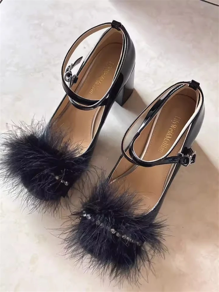 Spring new square toe patent leather rhinestone fur single shoes square heel high heel banquet large size small size women shoes