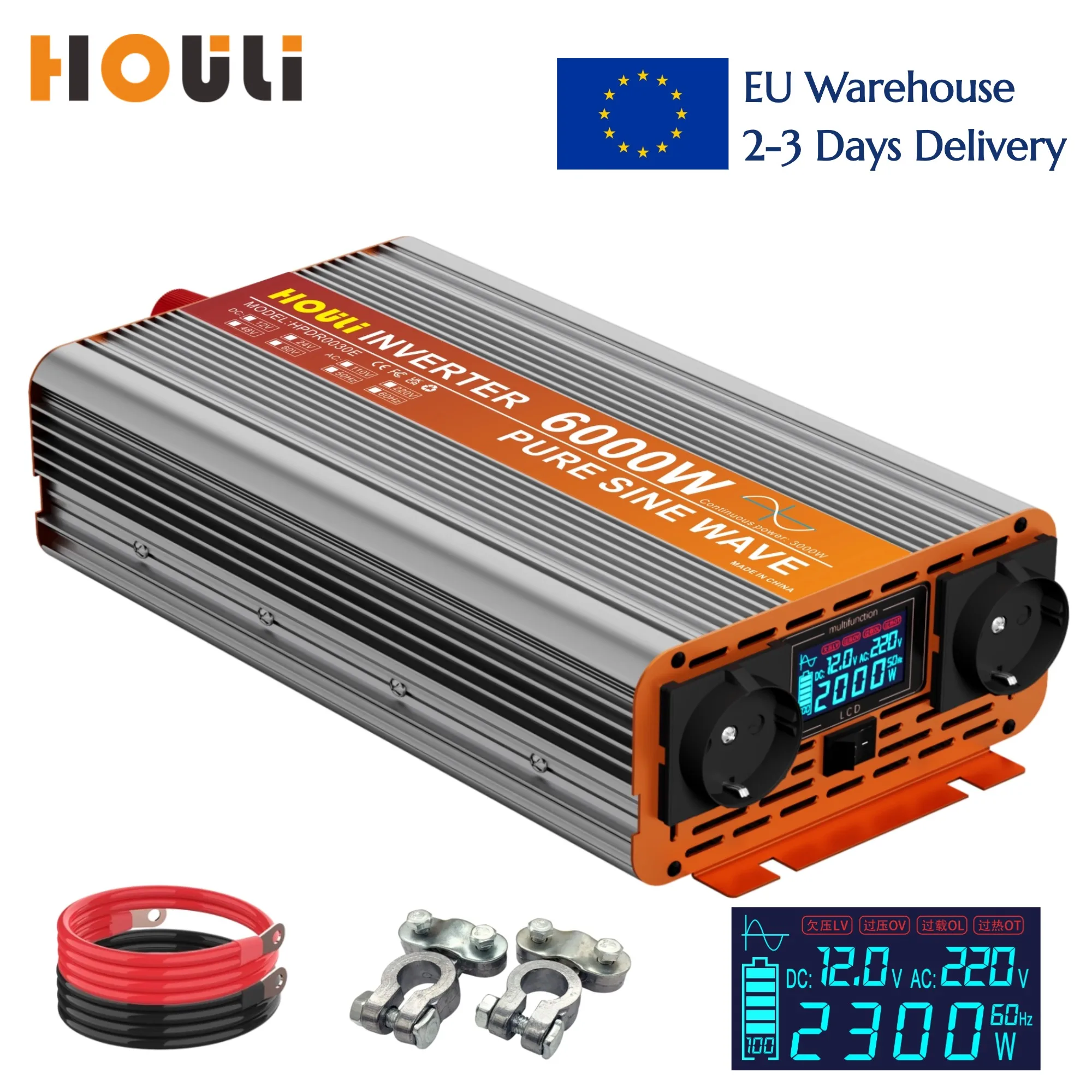 HOULI 4000W/5000W/6000W Pure Sine Wave Power Inverter, 12V DC to 220V AC with LCD Display, Car Inverter, Voltage Converter